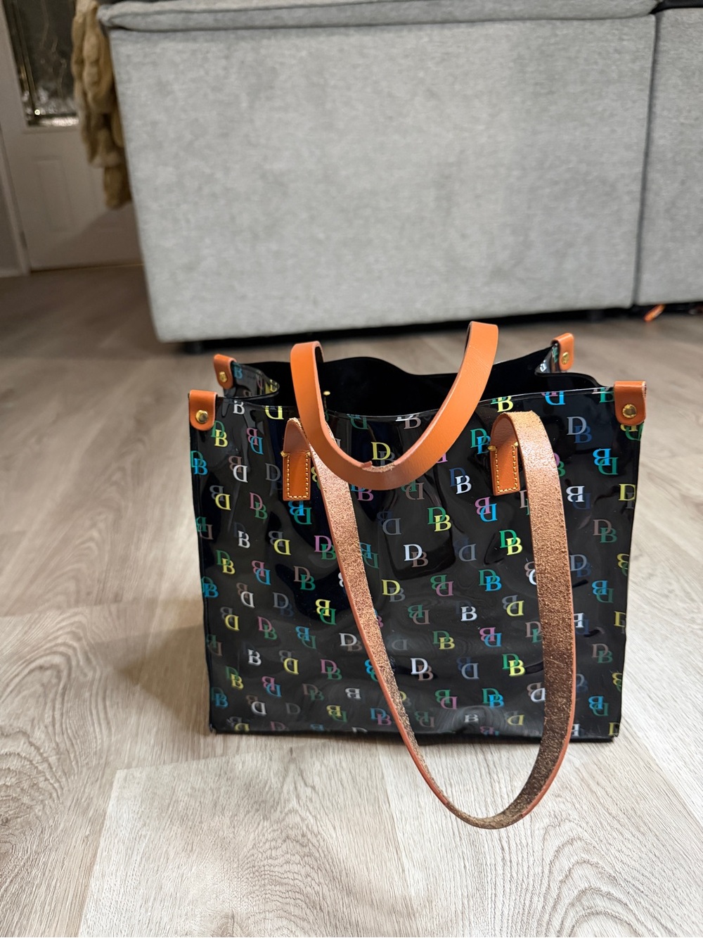 Dooney & Bourke Black Multicolor Print Plastic Tote with Brown  Handles - Picture 6 of 11